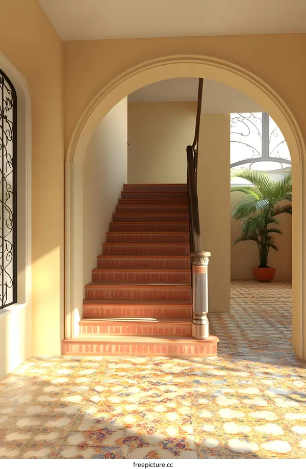 Arched Entryway with Staircase and Patterned Tile Floor