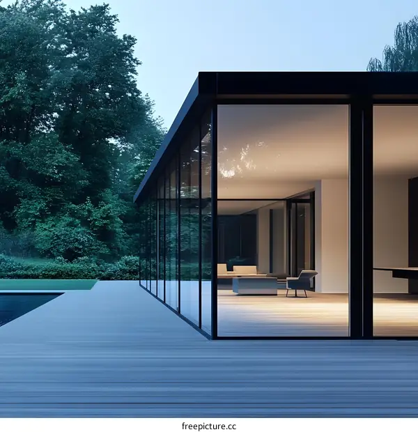 Modern House with Large Glass Walls and Swimming Pool