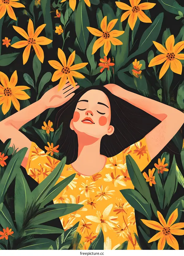 Woman Relaxing in Field of Flowers
