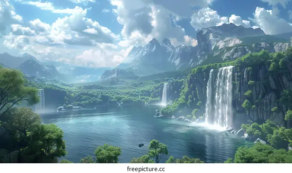 Fantasy landscape with waterfalls and mountains