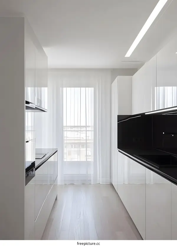 Modern Minimalist Kitchen Interior Design with White Cabinets and Wood Floor