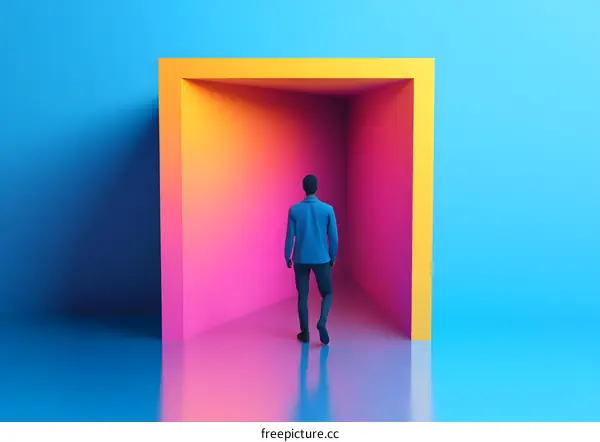 Man in Blue Jacket Walking Through a Colorful Doorway