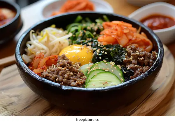 Bibimbap: A Colorful Korean Rice Bowl with Egg, Cucumber, Seaweed, and Kimchi
