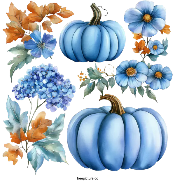 [Transparent Background PNG]Beautiful Blue Pumpkins and Autumn Flowers Illustration