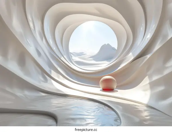 Minimalist White Cave Interior with Red Sphere