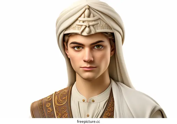 Portrait of a young man wearing a traditional headdress