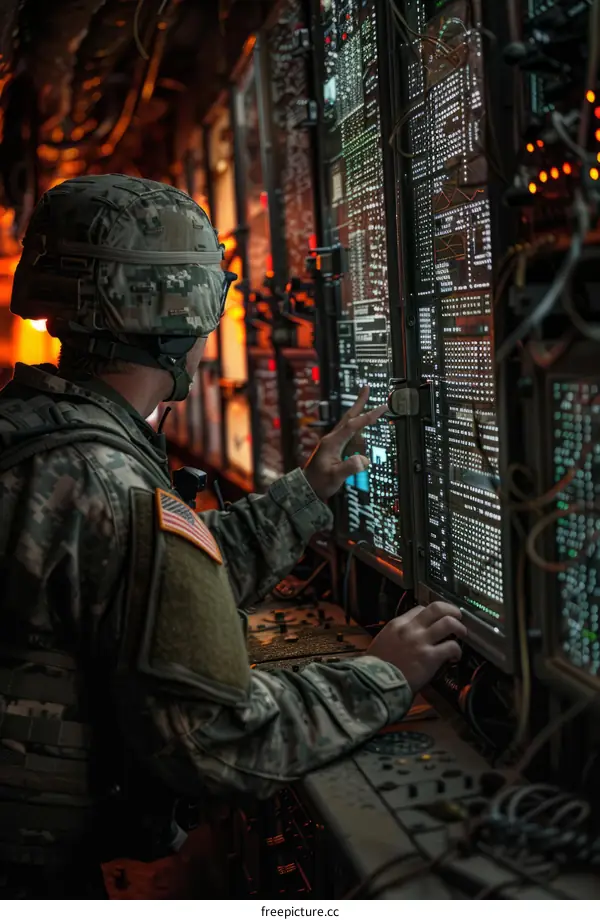 A soldier operates a computer system in the back of an aircraft.