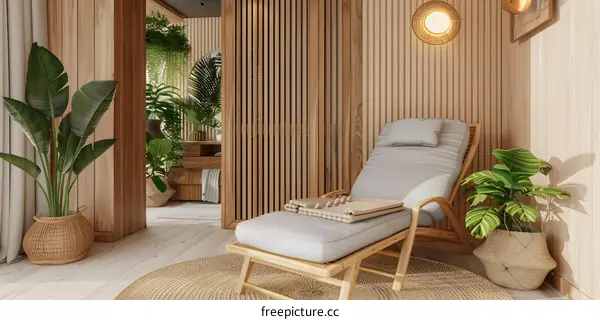 Minimalist Wooden Lounger with Plants in a Relaxing Interior Design