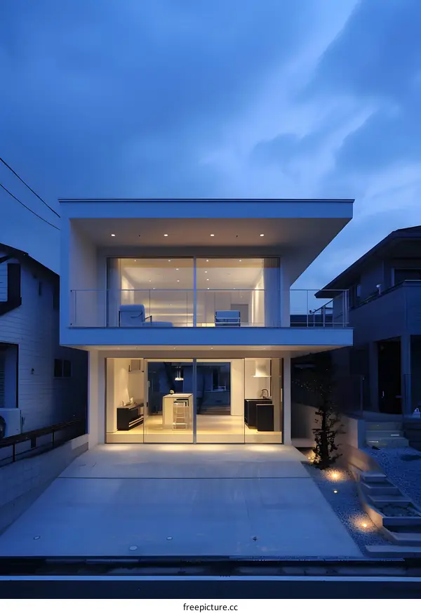 Modern Minimalist House with Glass Facade and Balconies