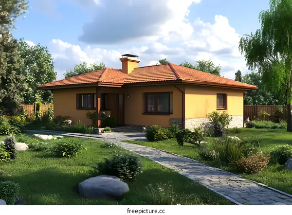 Modern Yellow House with Stone Path