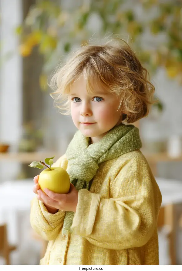 Adorable Child Holding a Golden Apple in Autumnal Setting