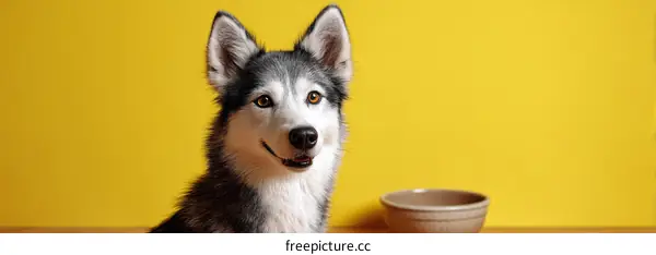 Playful Husky Dog Portrait Against Yellow Background