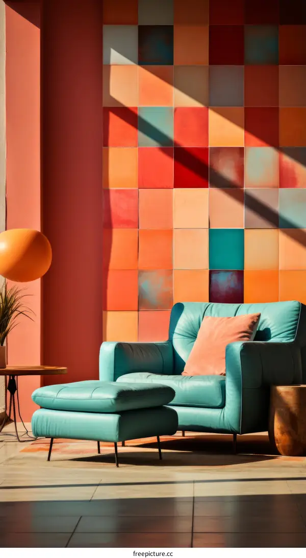 Blue armchair and ottoman in a room with a colorful tiled wall