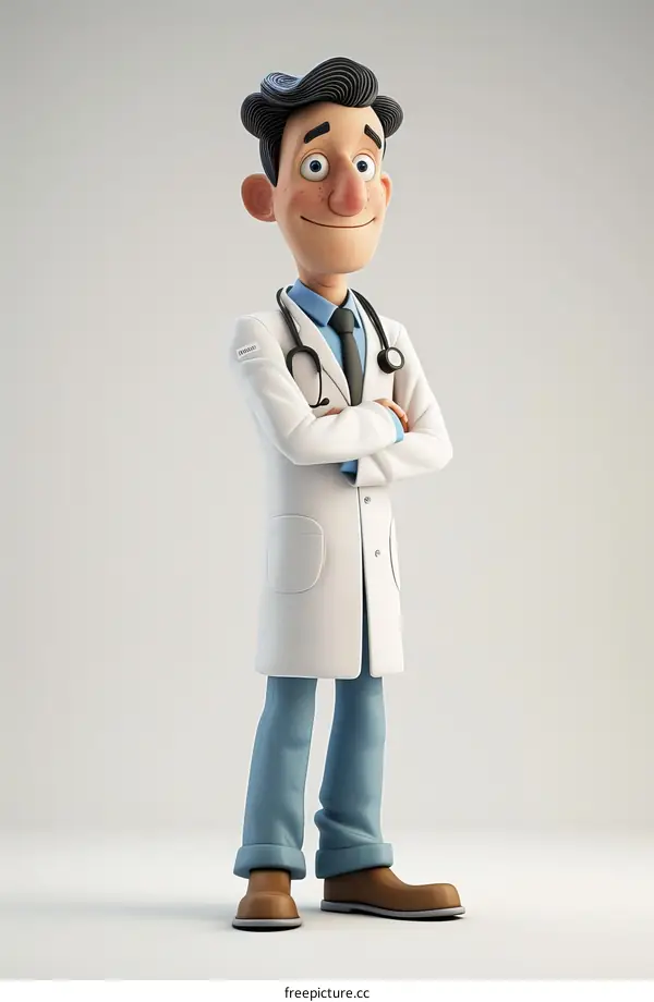Cheerful male doctor in white coat with stethoscope