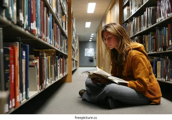 Woman Reading a Book in a Library