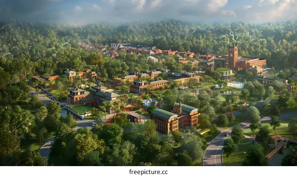 Aerial View of a Picturesque University Campus Nestled in Nature