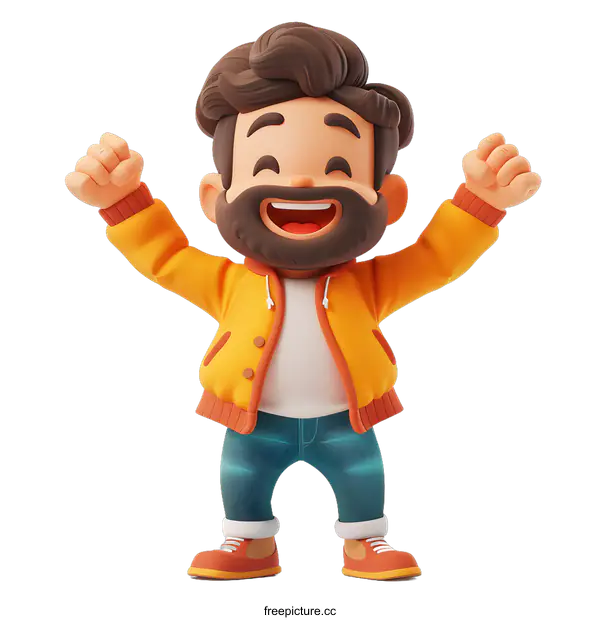 [Transparent Background PNG]Cartoon Man Character in Yellow Jacket Smiling and Raising His Arms Up in the Air