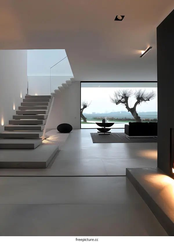 Modern Home Interior Design with White Stairs and Large Windows