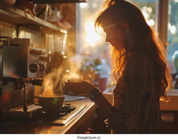 Young woman making coffee in the morning sunlight