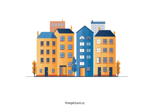 Colorful Illustration of a Cityscape with Buildings and Trees