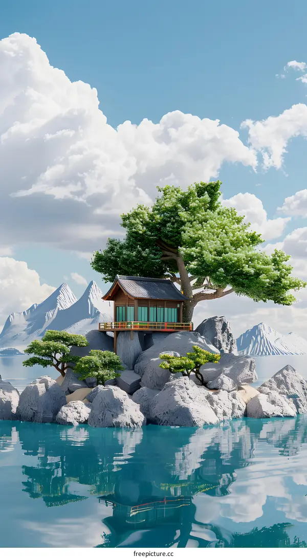 Small Wooden House on a Rock Island