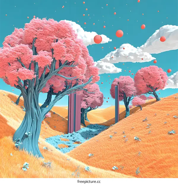 Surreal Landscape With Pink Trees And Falling Spheres