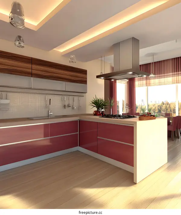 Modern Kitchen Design with Red Cabinets and White Countertop