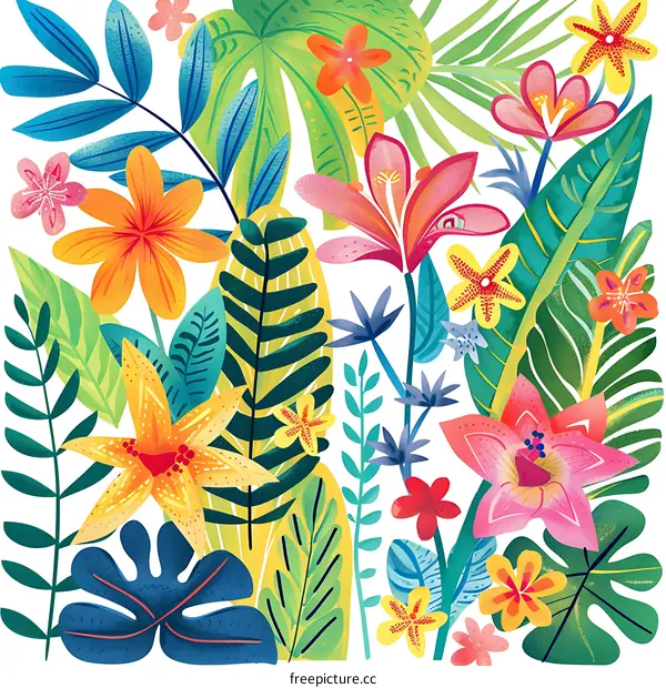 Tropical Floral Illustration With Colorful Flowers And Lush Green Leaves