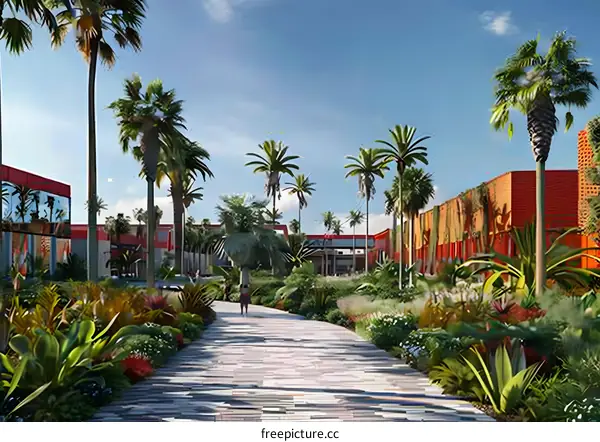 A wide shot of a modern city street with palm trees and a blue sky