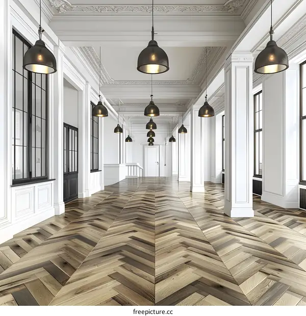 White Hallway With Herringbone Wooden Floor and Black Pendant Lights