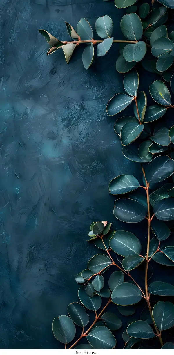 Green Leaves on a Blue Background