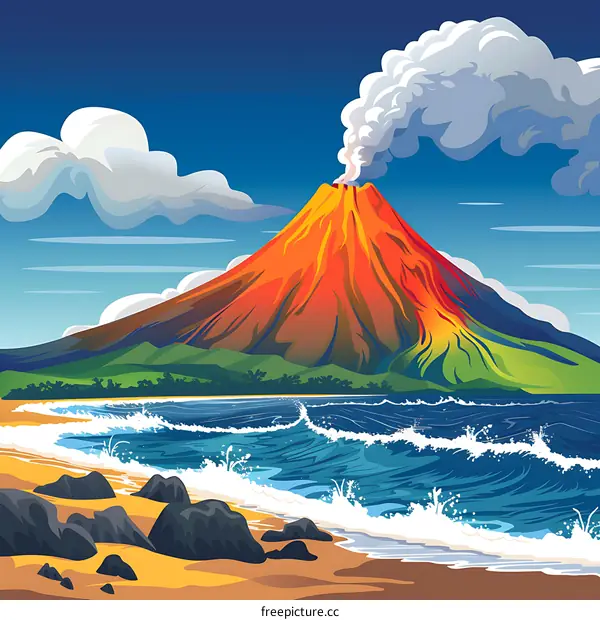 Volcano Eruption on Tropical Island with Blue Sky and Ocean Waves