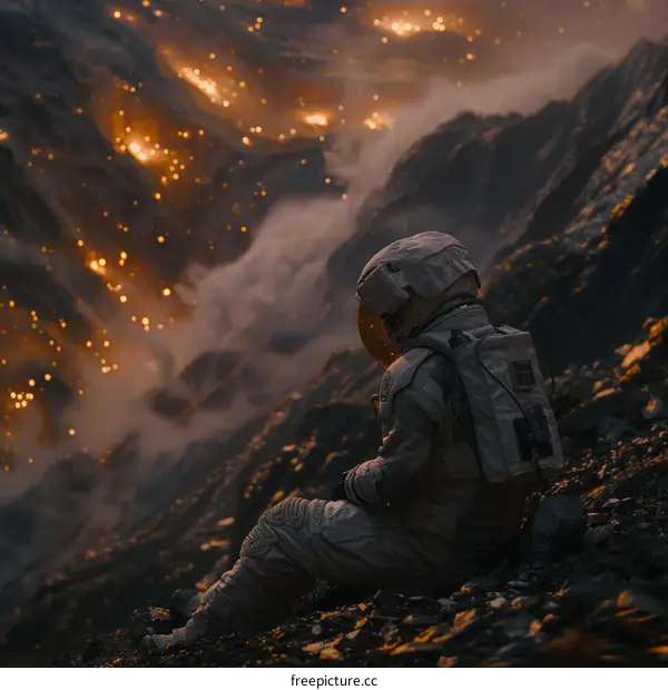 Astronaut sitting on a rock in front of a lava flow