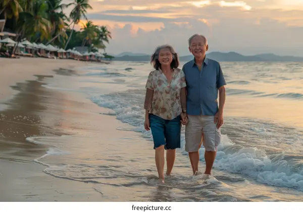 Happy Asian elderly couple walking hand in hand along the beach