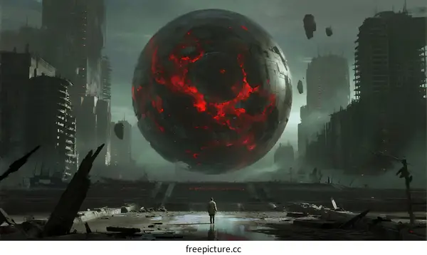 Giant Red Lava Sphere Floating Over Post-Apocalyptic City
