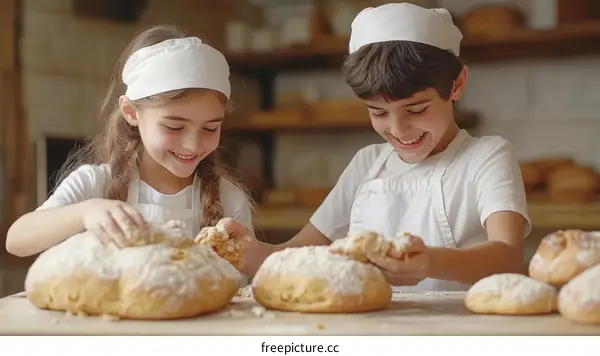 Two Children Baking Bread in a Bakery