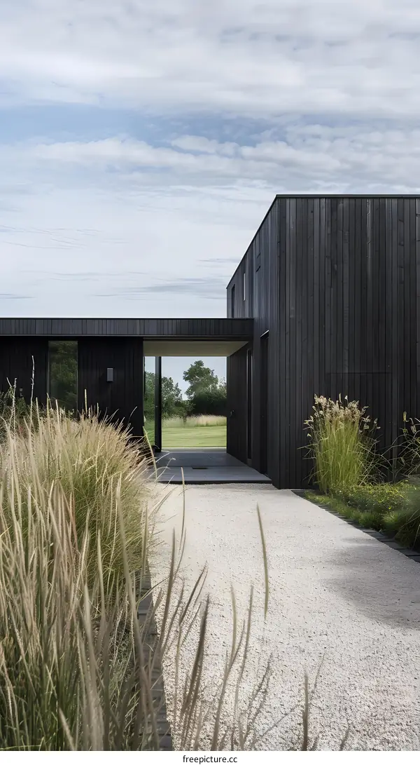 Modern Black Wooden House Entrance with Gravel Pathway