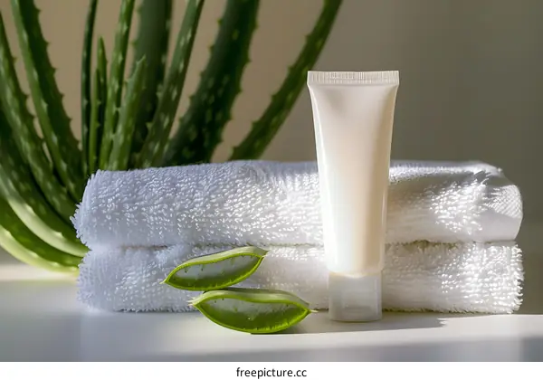 Aloe Vera Cream with Towels and Aloe Vera Leaves