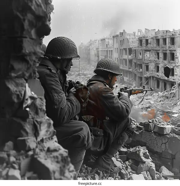 Two soldiers taking cover during an urban assault in World War II