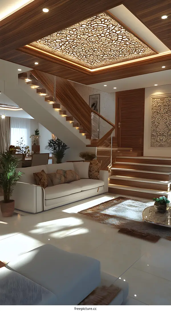 Modern Interior Design with Wooden Staircase and Ornate Ceiling