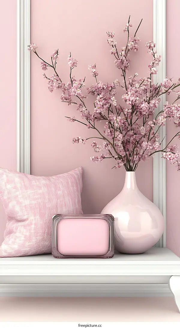 Pink Shelf With Vase Flowers And Pillow
