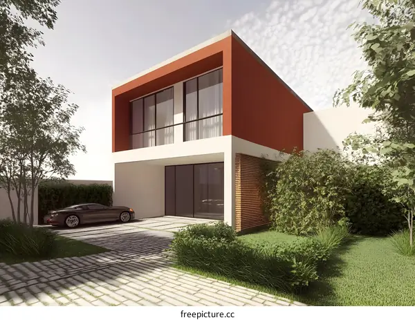 Modern House with Red Wall and Green Trees