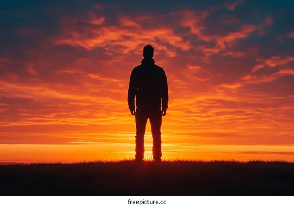 Man standing alone in a field of wheat at sunset