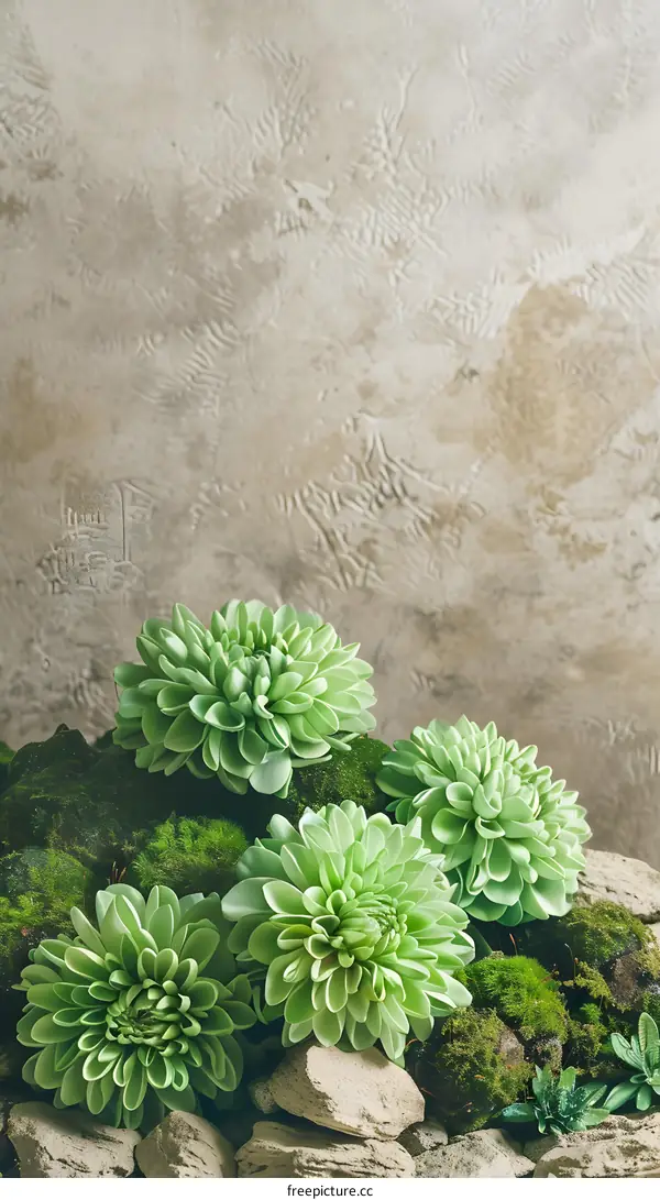 Green Flowers on Mossy Rocks with a Beige Wall Background