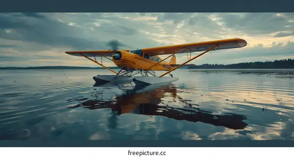 A yellow seaplane is floating on a calm lake surrounded by trees and mountains under a cloudy sky.