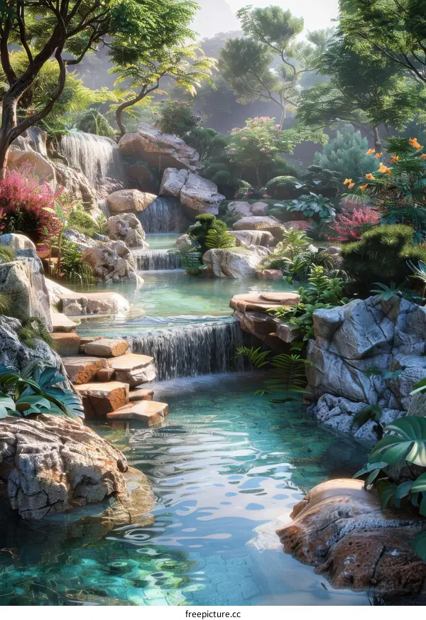 A beautiful landscape with a lake and waterfalls