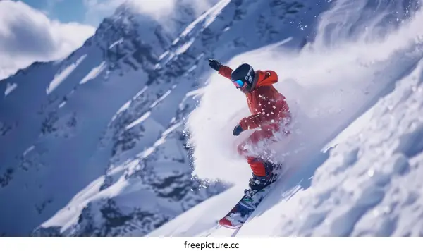 A snowboarder carves through fresh powder snow on a steep mountain slope