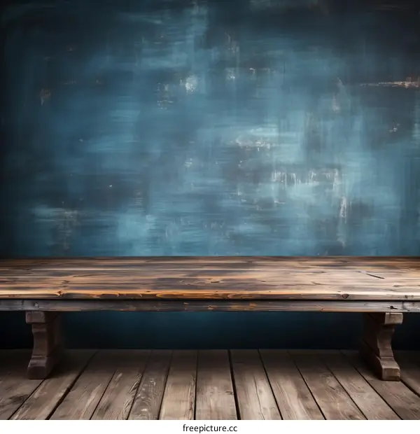 Rustic wooden table with a dark blue background