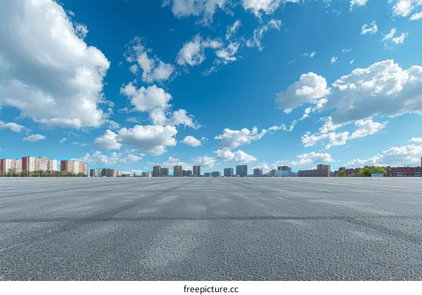 Empty asphalt road and modern city skyline on a sunny day