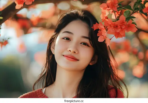 Smiling Asian Woman Posing with Flowers in Her Hair